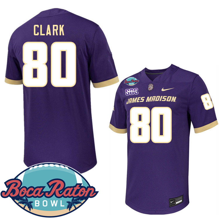 #80 Gary Clark James Madison Dukes 2024 Boca Raton Bowl Jersey-Purple
